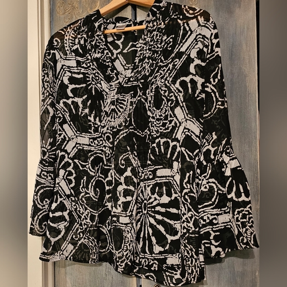 Vintage 90s Cache Sheer Blouse S Black White Pintuck V Neck Pullover - Picture 1 of 11